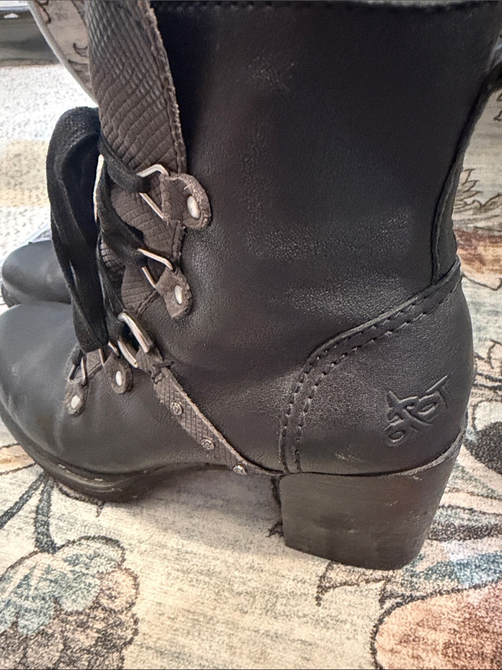 OTBT Black Lace-Up Combat Ankle Boots with Textured Panels - Picture 2 of 6